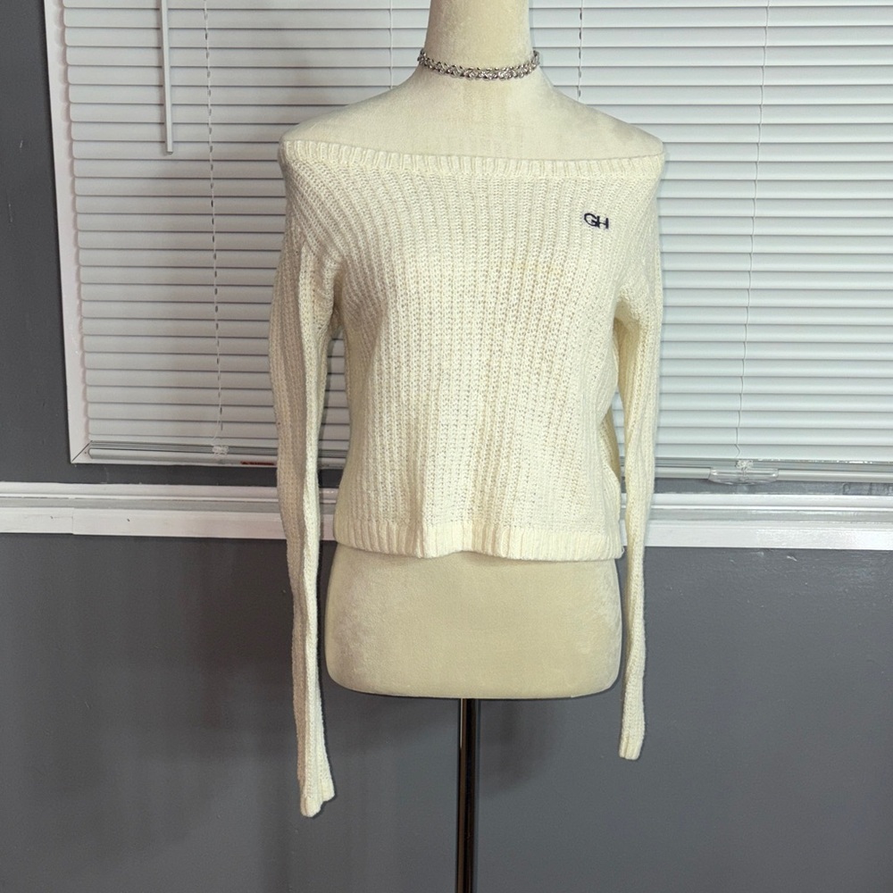 White Gilly Hicks Sidney Off-Shoulder Ribbed Knit Sweater Size M